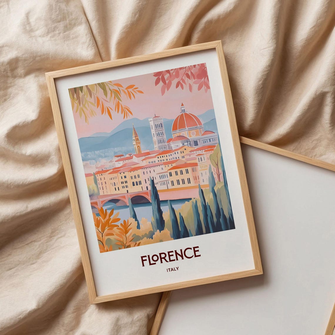Florence Italy Pastel Duomo Cathedral Arno Bridge Scene Poster - Image 3