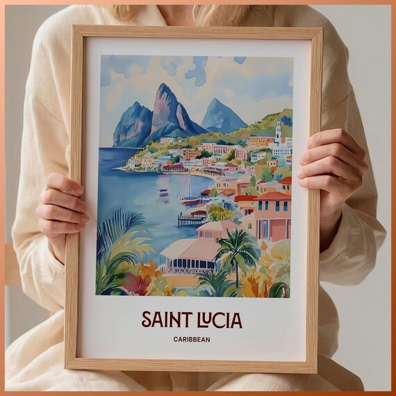 Saint Lucia Caribbean Pitons Harbor Town Watercolor Art Poster