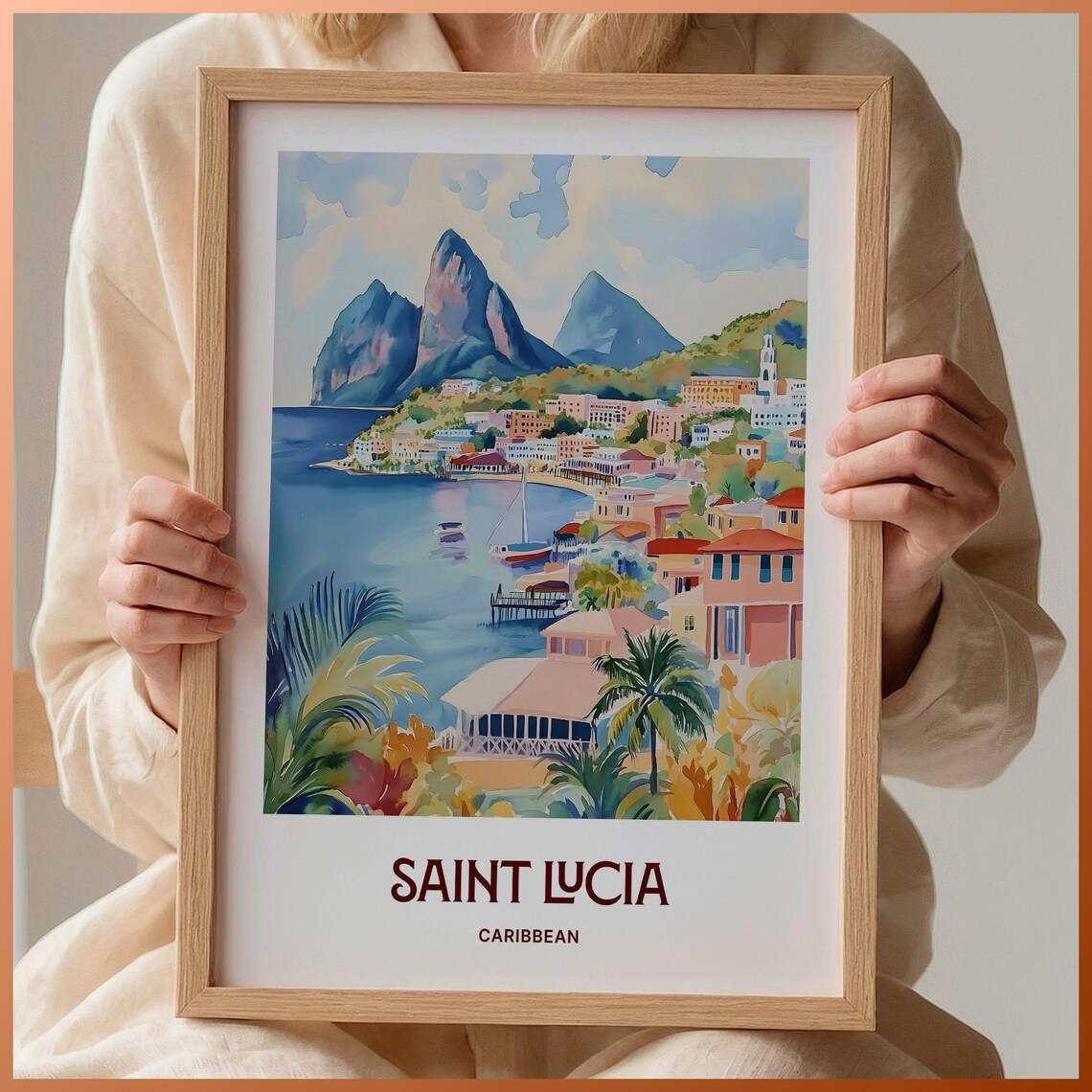 Saint Lucia Caribbean Pitons Harbor Town Watercolor Art Poster