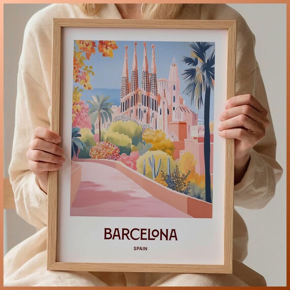 Barcelona Spain Sagrada Familia Lush Garden Walkway Scene Poster