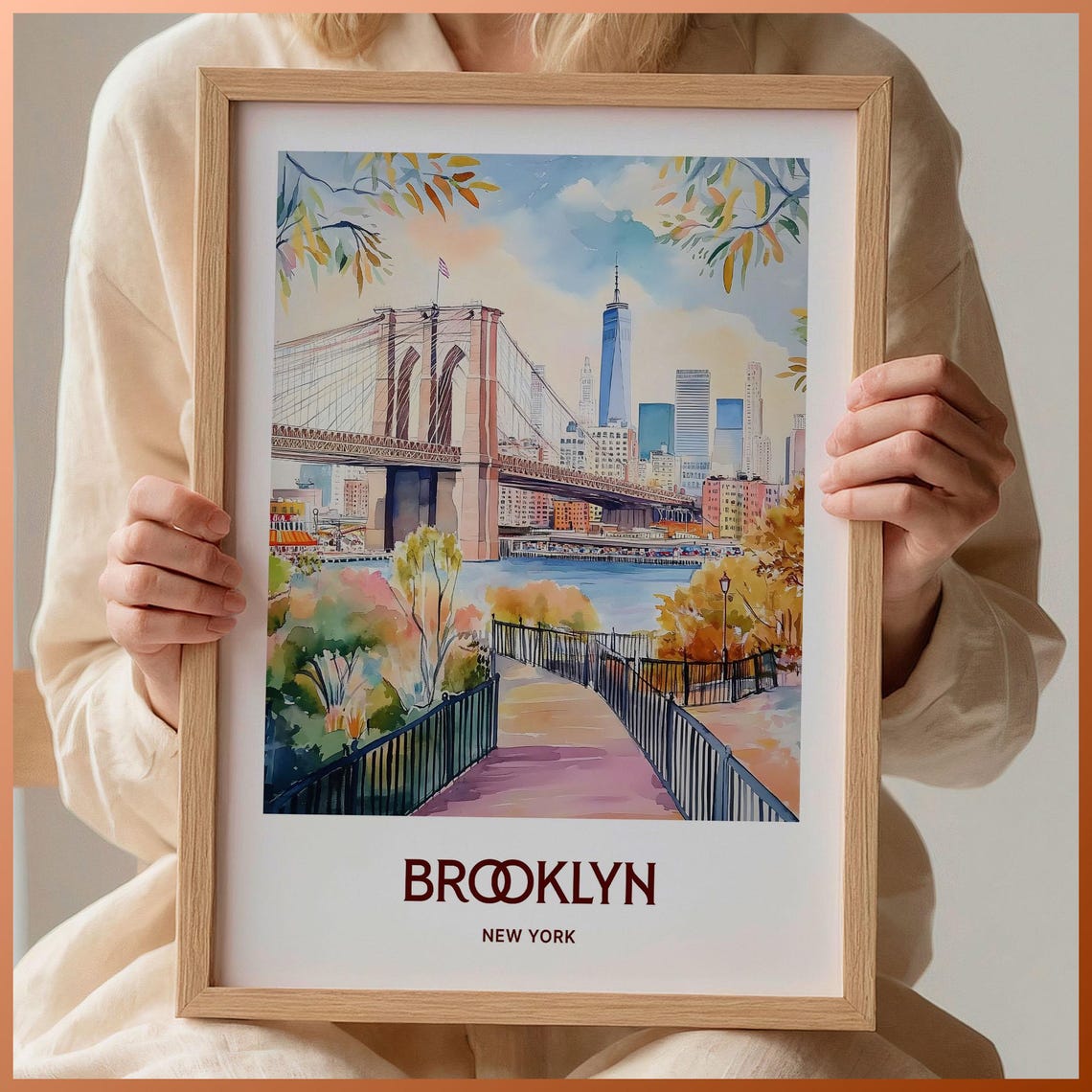 Brooklyn Bridge Manhattan Skyline Watercolor New York Travel Poster