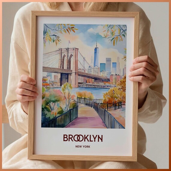 Brooklyn Bridge Manhattan Skyline Watercolor New York Travel Poster