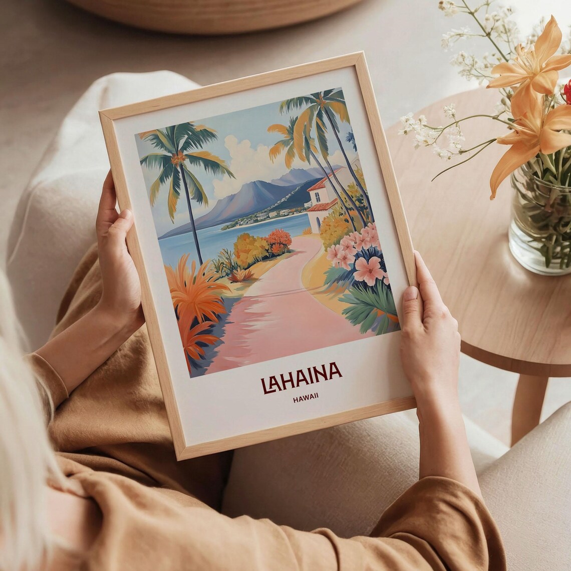 Lahaina Hawaii Tropical Bay Palm Trees Hibiscus Travel Art Poster - Image 5