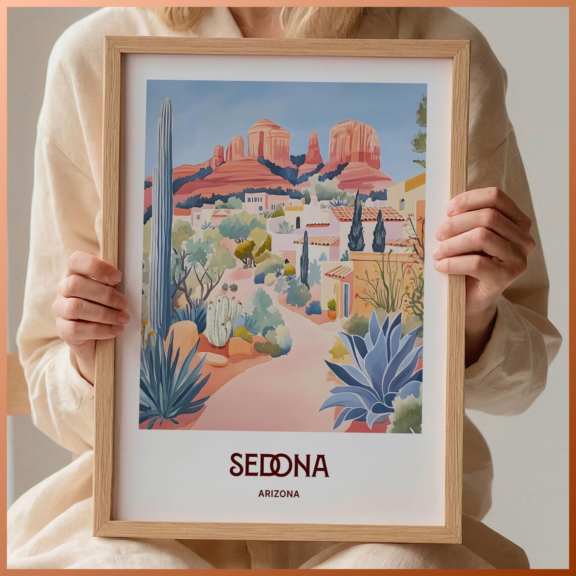 Sedona Arizona Pastel Red Rock Desert Town Landscape Art Poster