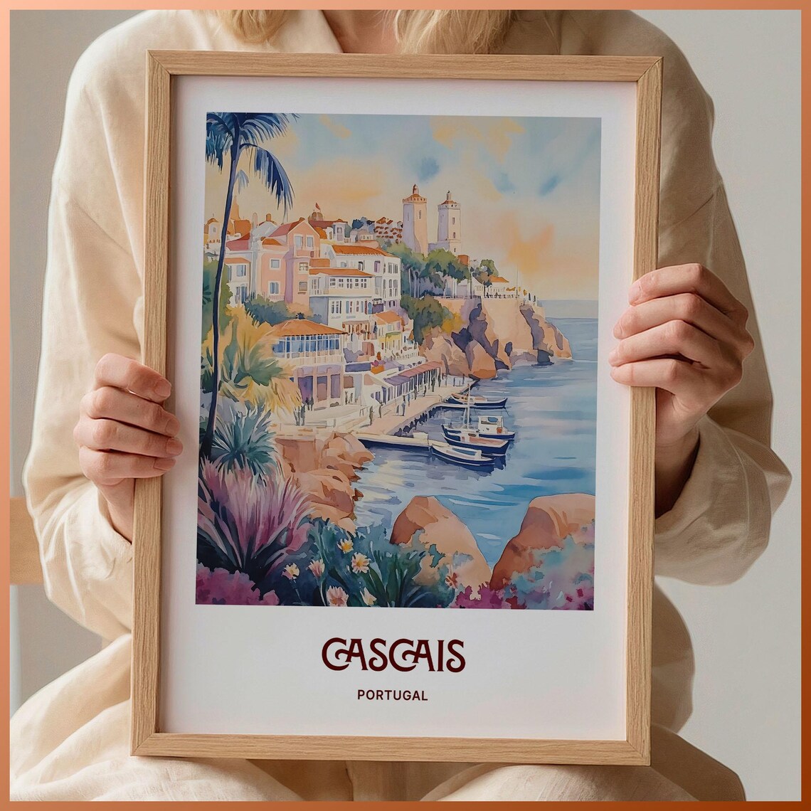 Cascais Portugal Cliffside Harbor Town Watercolor Travel Poster
