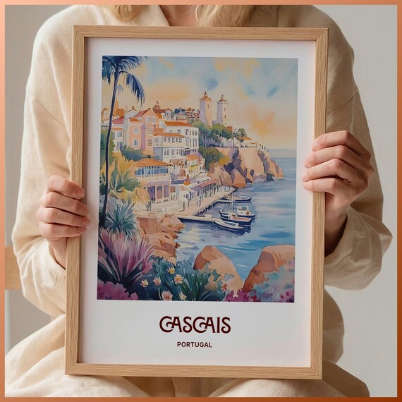 Cascais Portugal Cliffside Harbor Town Watercolor Travel Poster