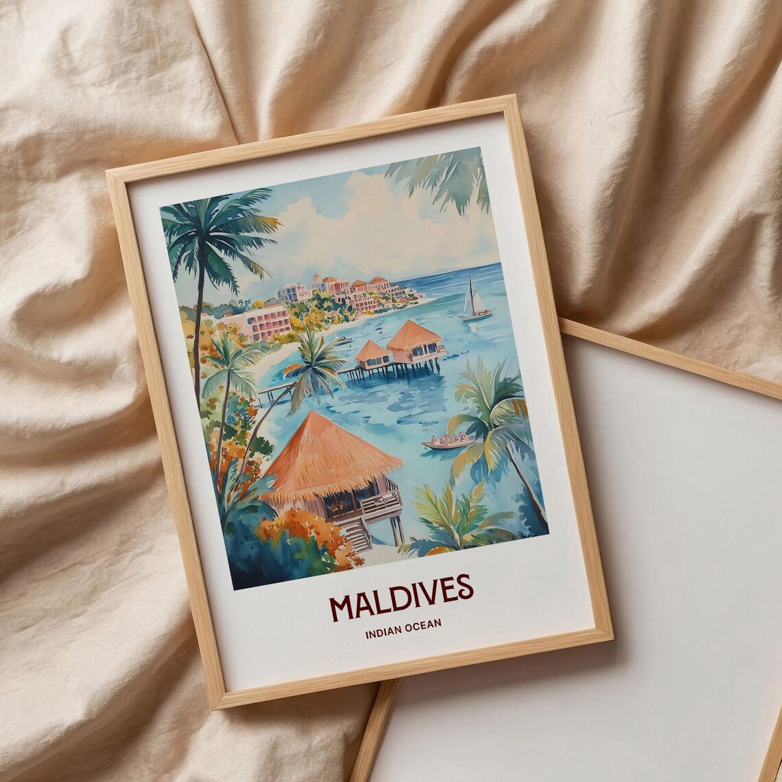 Maldives Indian Ocean Watercolor Overwater Bungalows Palm Beach Poster - Image 3