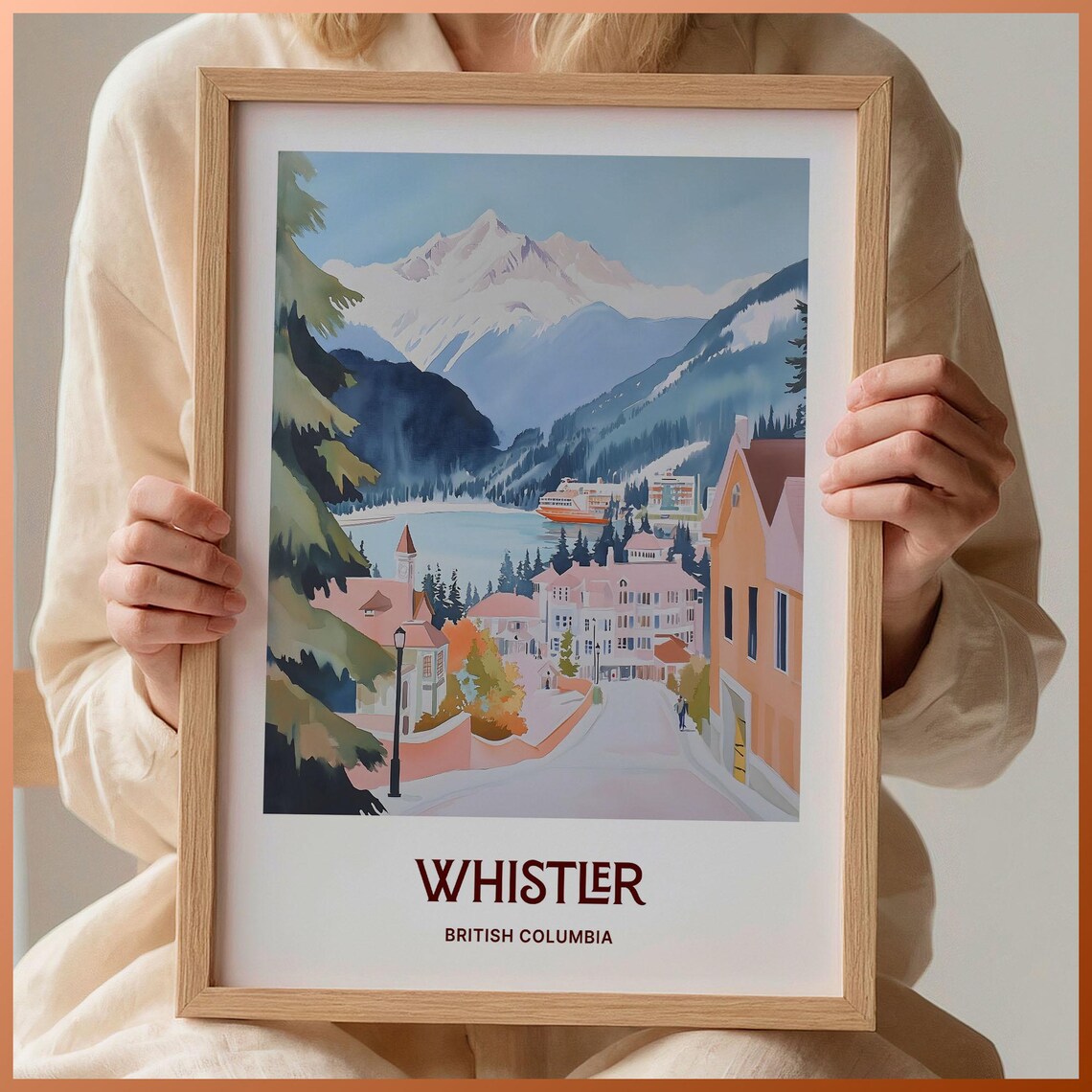 Whistler British Columbia Mountain Village Lake Travel Art Poster