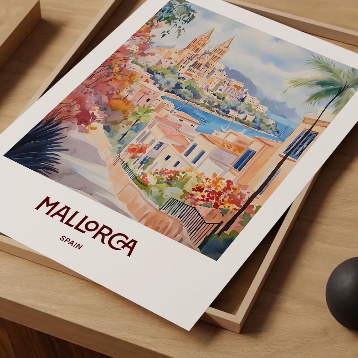 Mallorca Spain Palma Cathedral Bay Sailboats Watercolor Travel Poster - Image 2