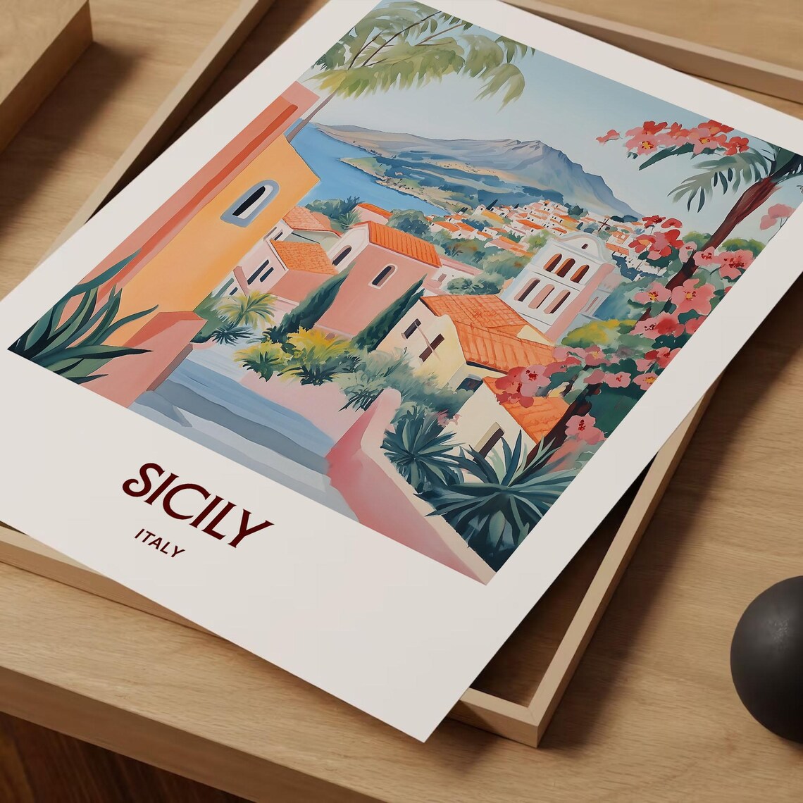 Sicily Italy Coastal Village Bell Tower Flowers Watercolor Travel Poster - Image 2