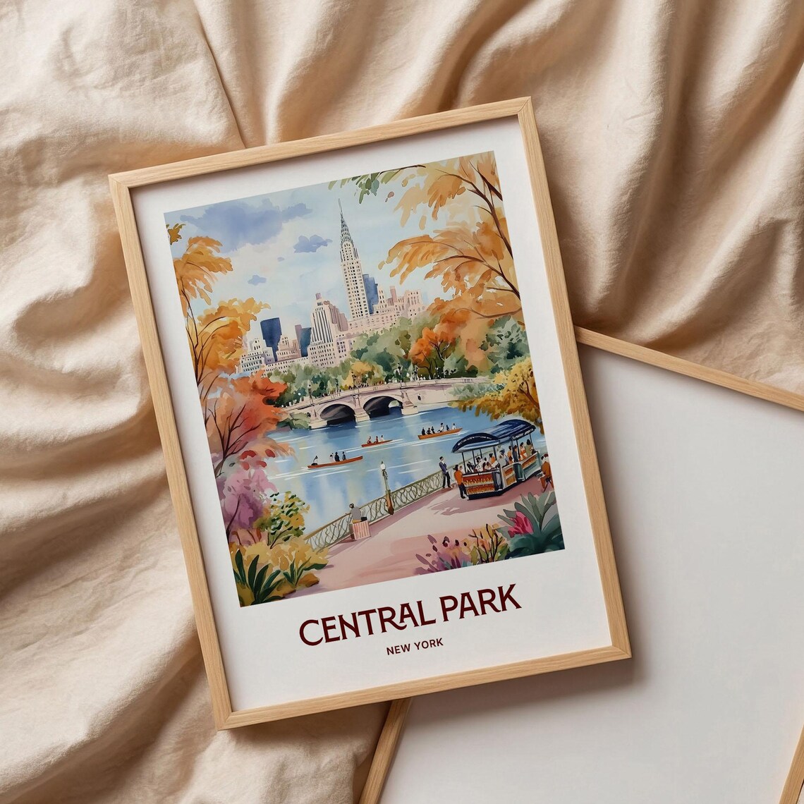 Central Park New York Rowboat Lake Bridge Watercolor Autumn Poster - Image 3