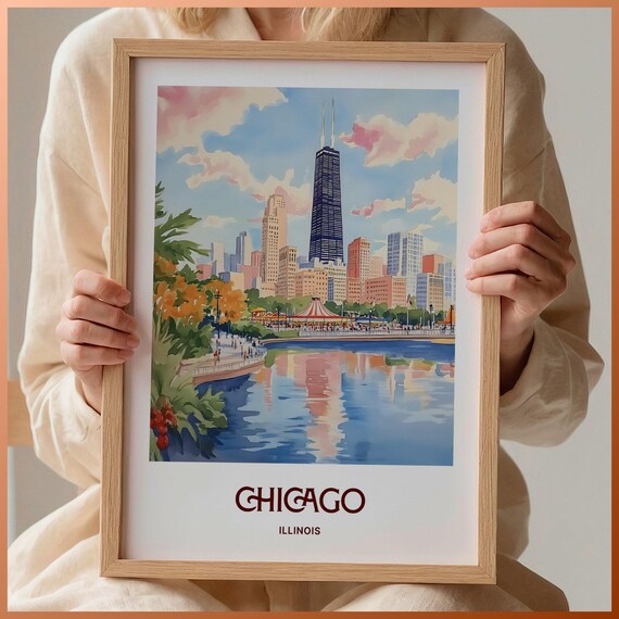 Chicago Skyline Hancock Tower Lakefront Watercolor Travel Poster