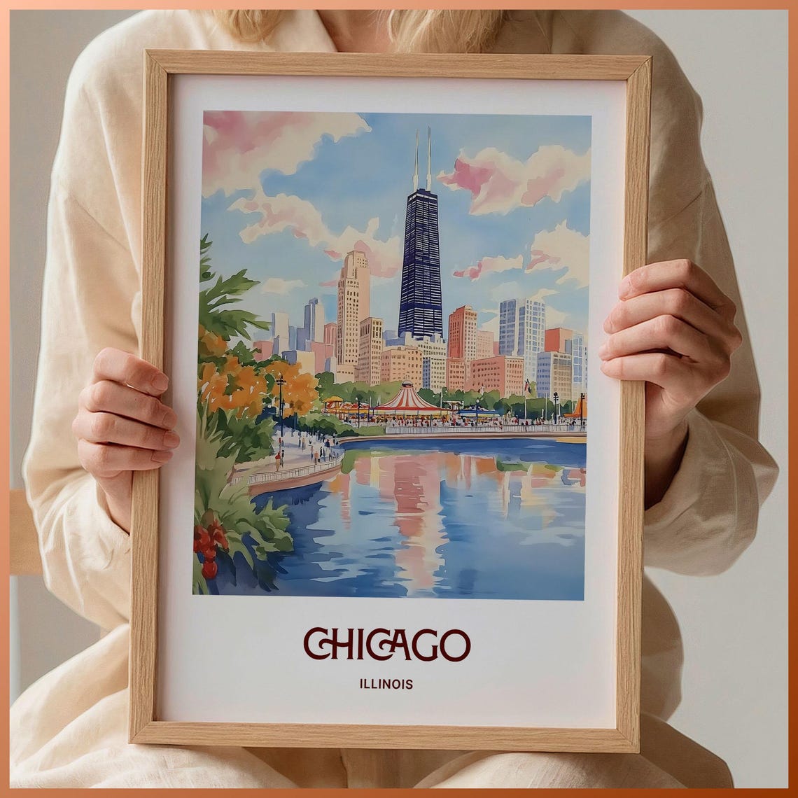 Chicago Skyline Hancock Tower Lakefront Watercolor Travel Poster