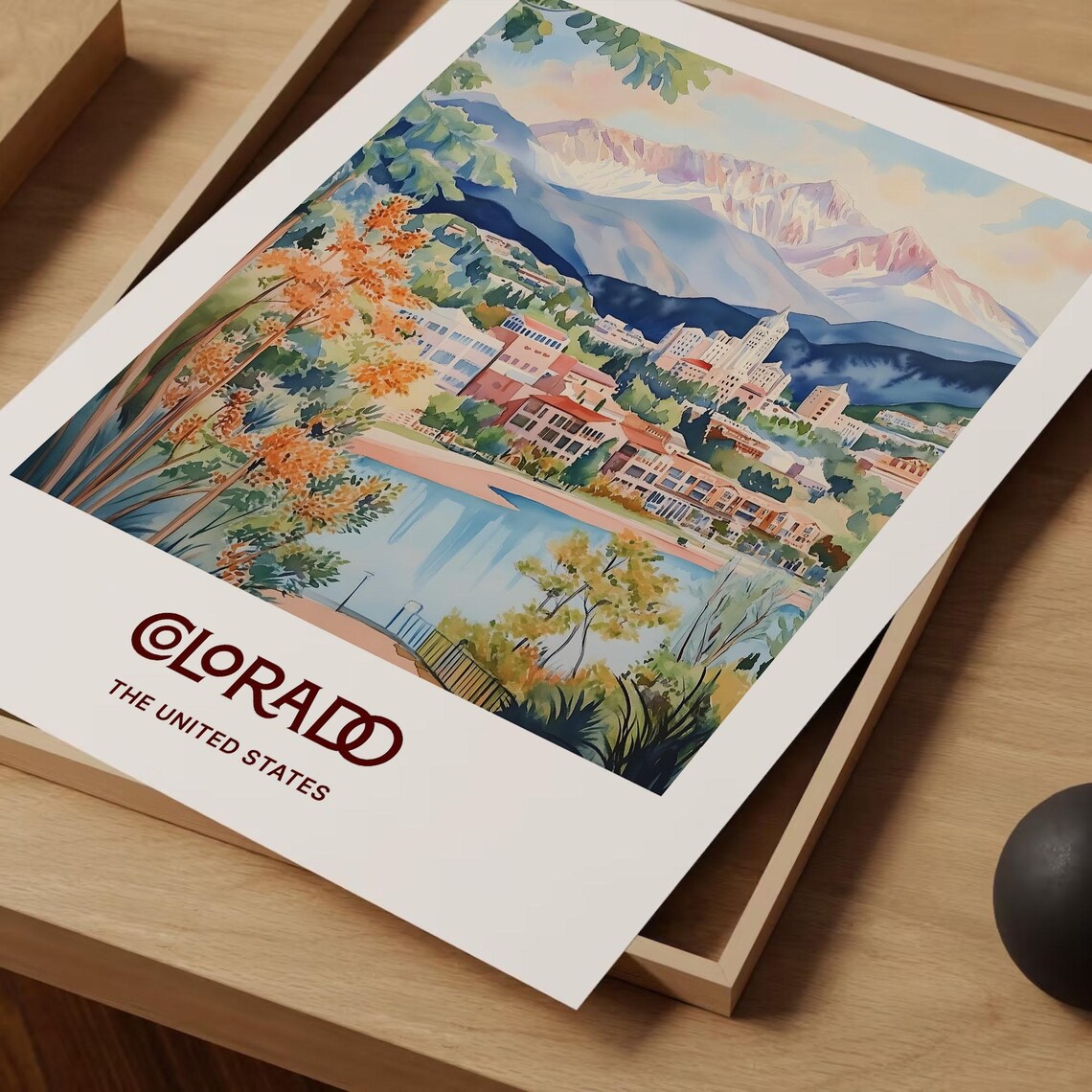 Colorado Mountain Resort Lake Peaks Watercolor Travel Poster USA - Image 2