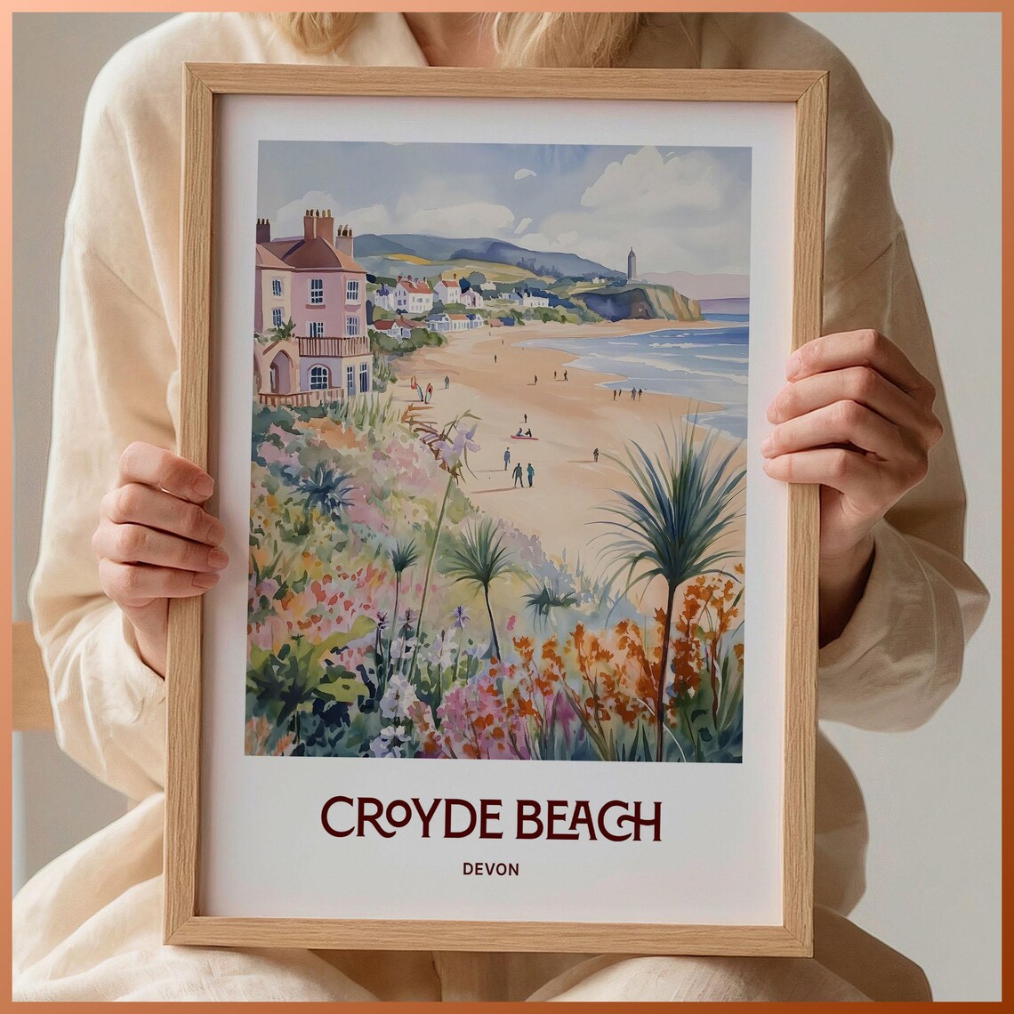 Croyde Beach Devon Coast Surf Wildflowers Watercolor Travel Poster