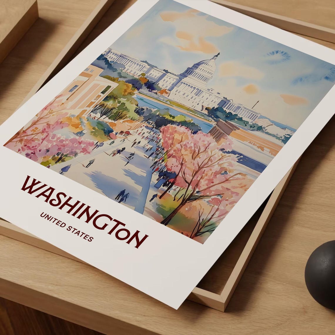 Washington DC Capitol Cherry Blossoms Watercolor Travel Poster - Image 2