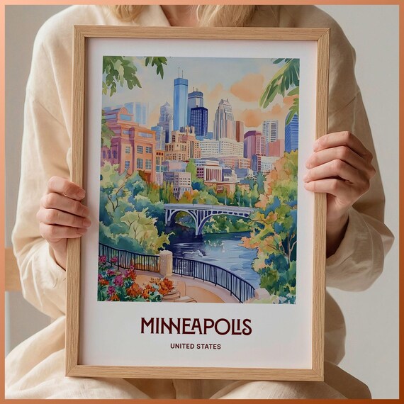 Minneapolis Minnesota Skyline River Bridge Watercolor Travel Poster