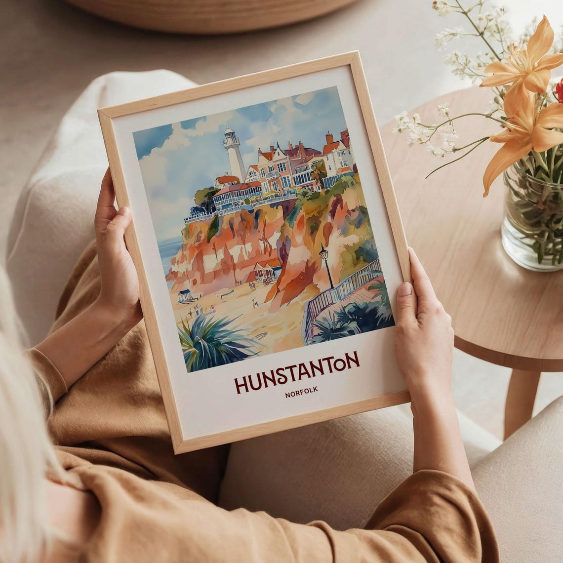 Hunstanton Norfolk Lighthouse Red Cliffs Watercolor Travel Poster - Image 5