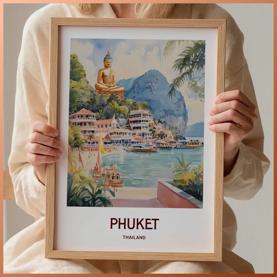 Phuket Thailand Watercolor Golden Buddha Beach Longtail Boats Travel Poster