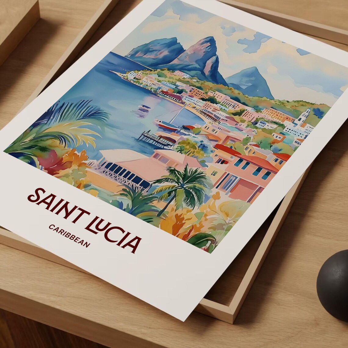 Saint Lucia Caribbean Pitons Harbor Town Watercolor Art Poster - Image 2