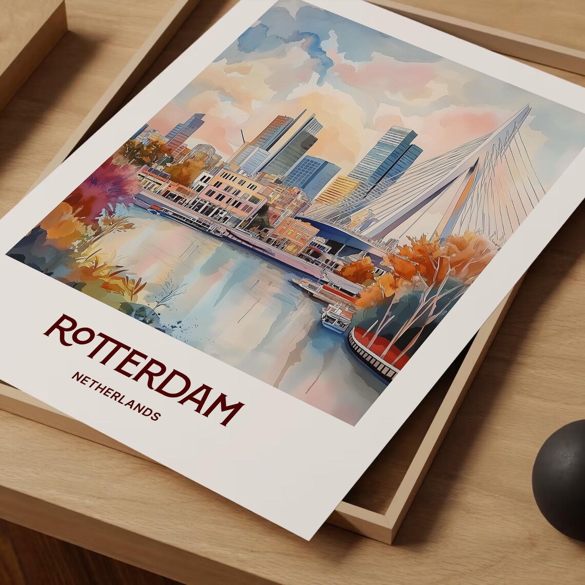 Rotterdam Netherlands Erasmus Bridge Skyline Watercolor Travel Poster - Image 2