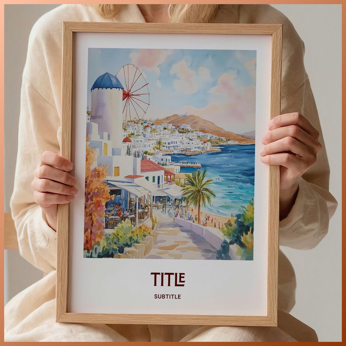 Mykonos Windmill Watercolor Greek Island Harbor Scene Poster