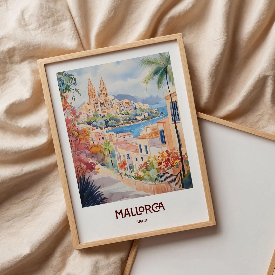 Mallorca Spain Palma Cathedral Bay Sailboats Watercolor Travel Poster - Image 3
