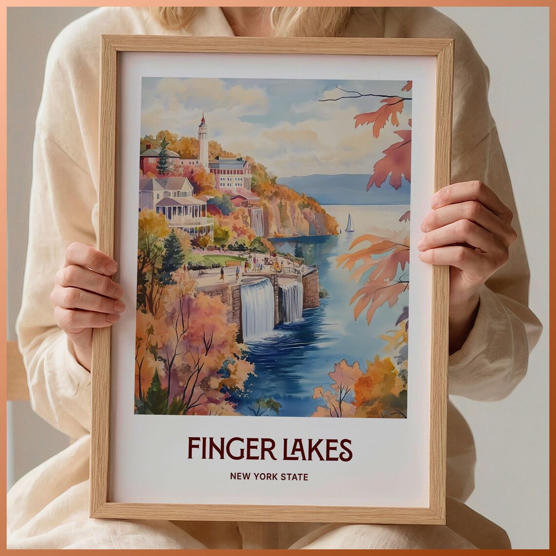 Finger Lakes New York Watercolor Autumn Waterfall Scene Poster
