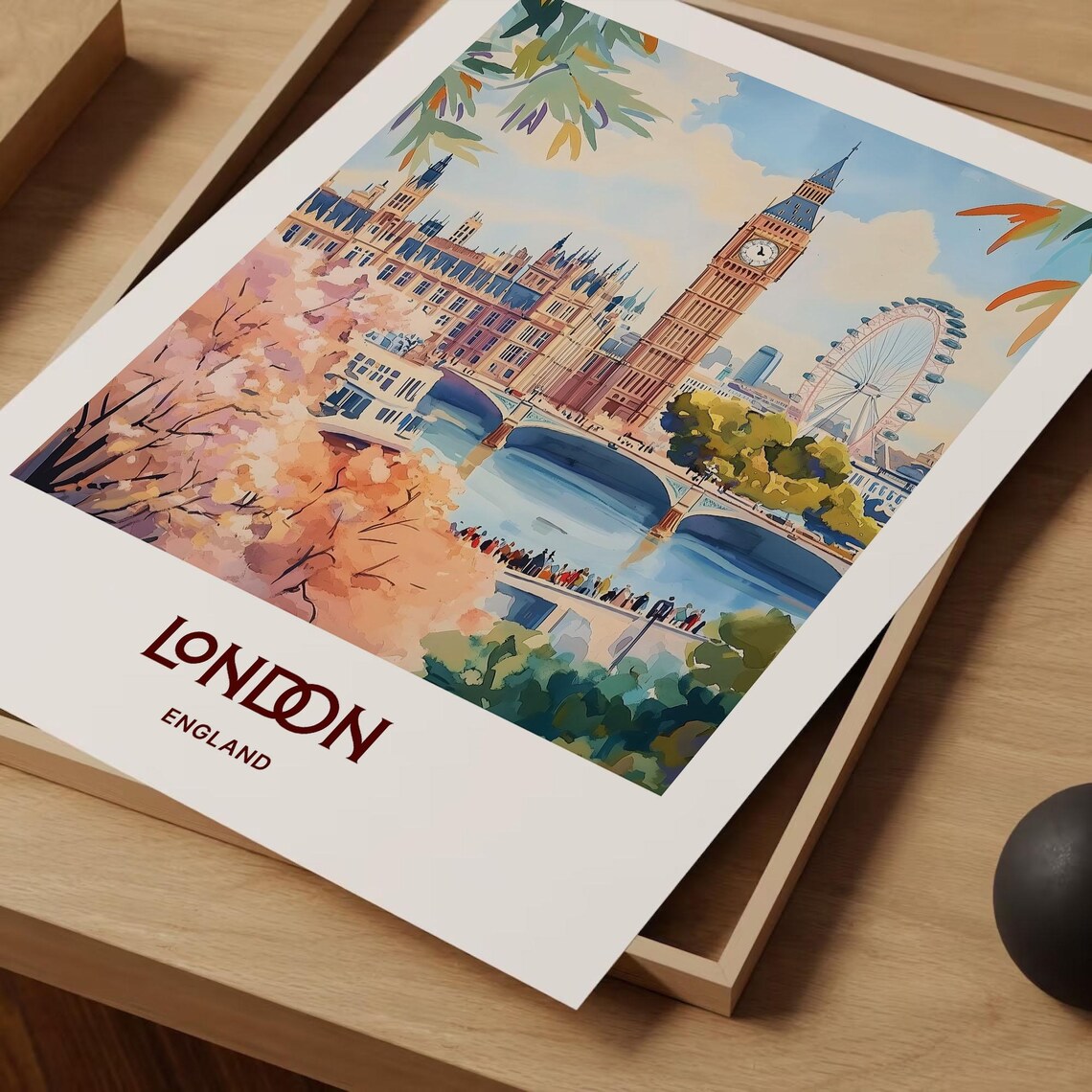 London England Big Ben London Eye Watercolor Travel Poster Gift - Image 2