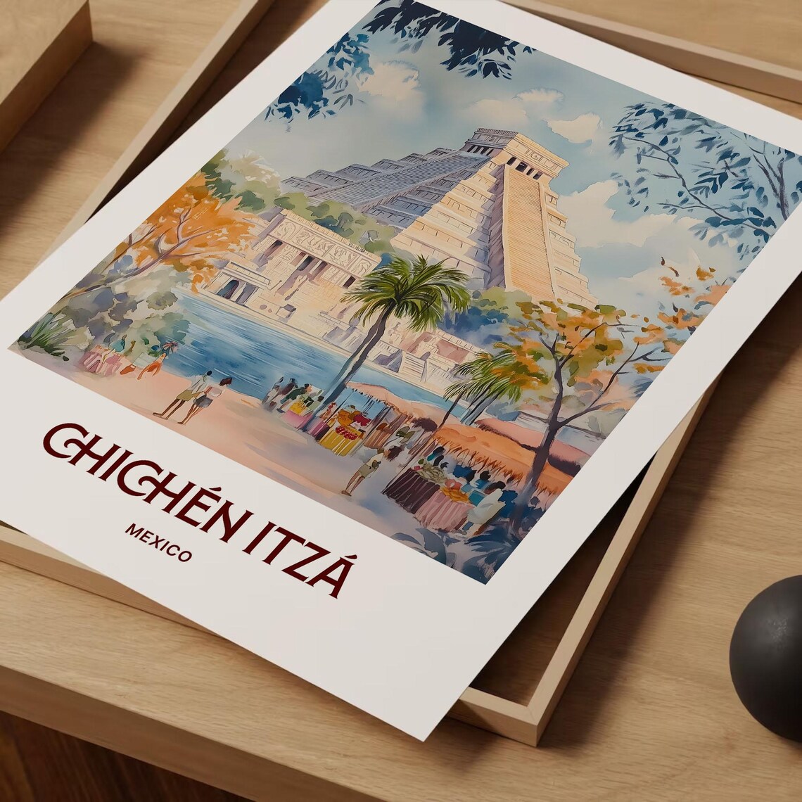 Chichen Itza Mexico Mayan Pyramid El Castillo Watercolor Travel Poster - Image 2