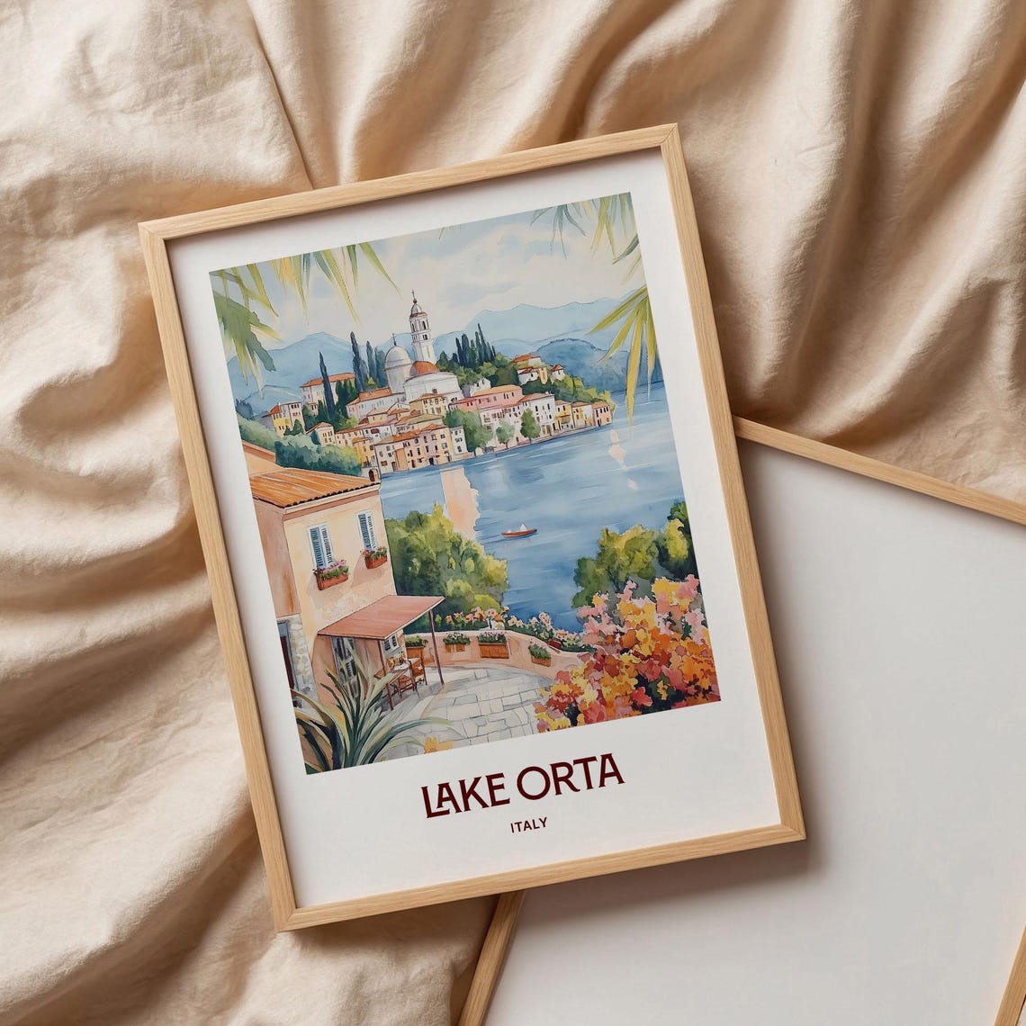 Lake Orta Italy Lakeside Town Bell Tower Boat Watercolor Travel Poster - Image 3