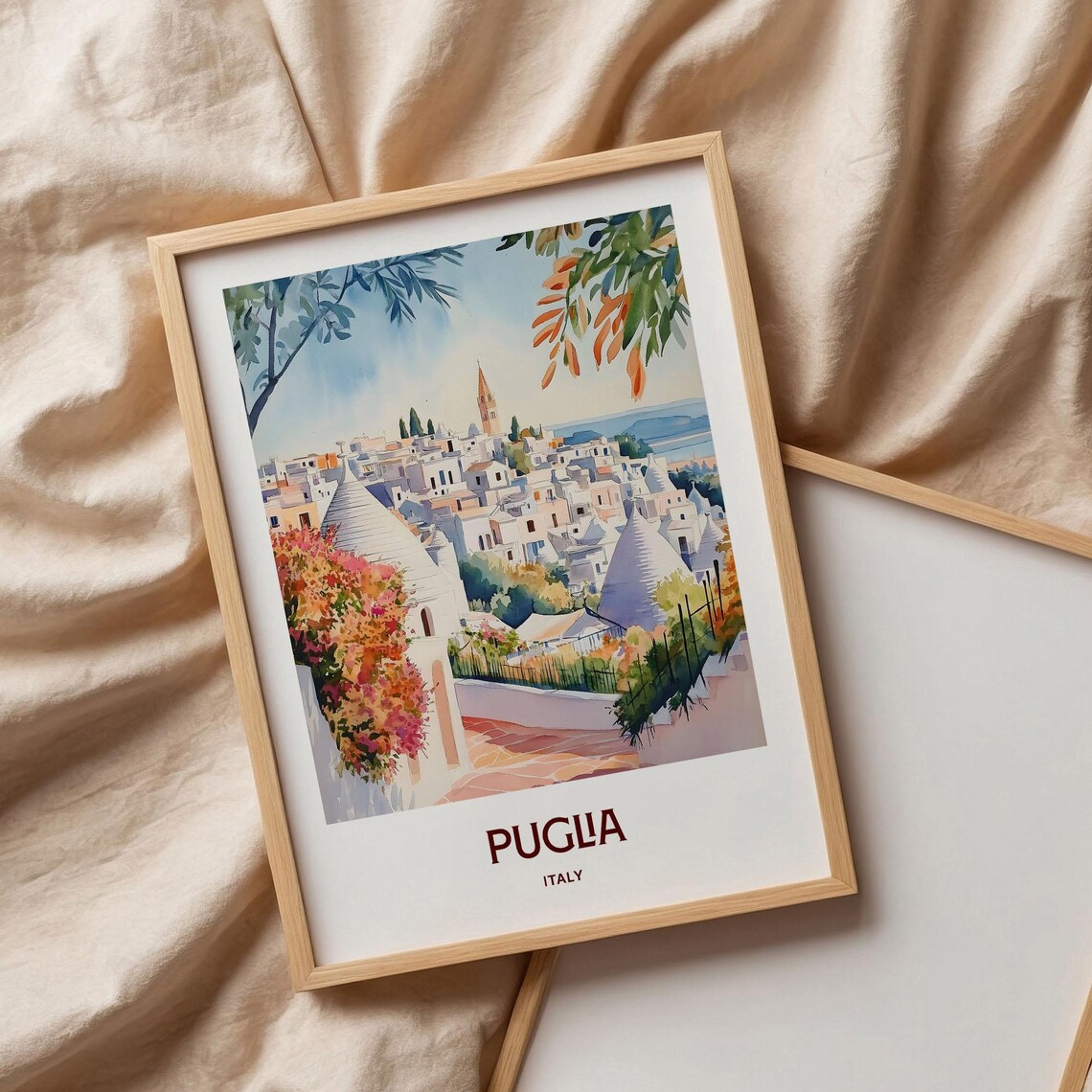 Puglia Italy Trulli Village Bougainvillea Watercolor Travel Poster - Image 3