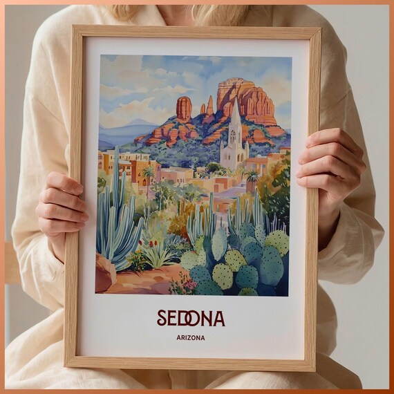 Sedona Arizona Red Rock Chapel Watercolor Poster Desert Cacti