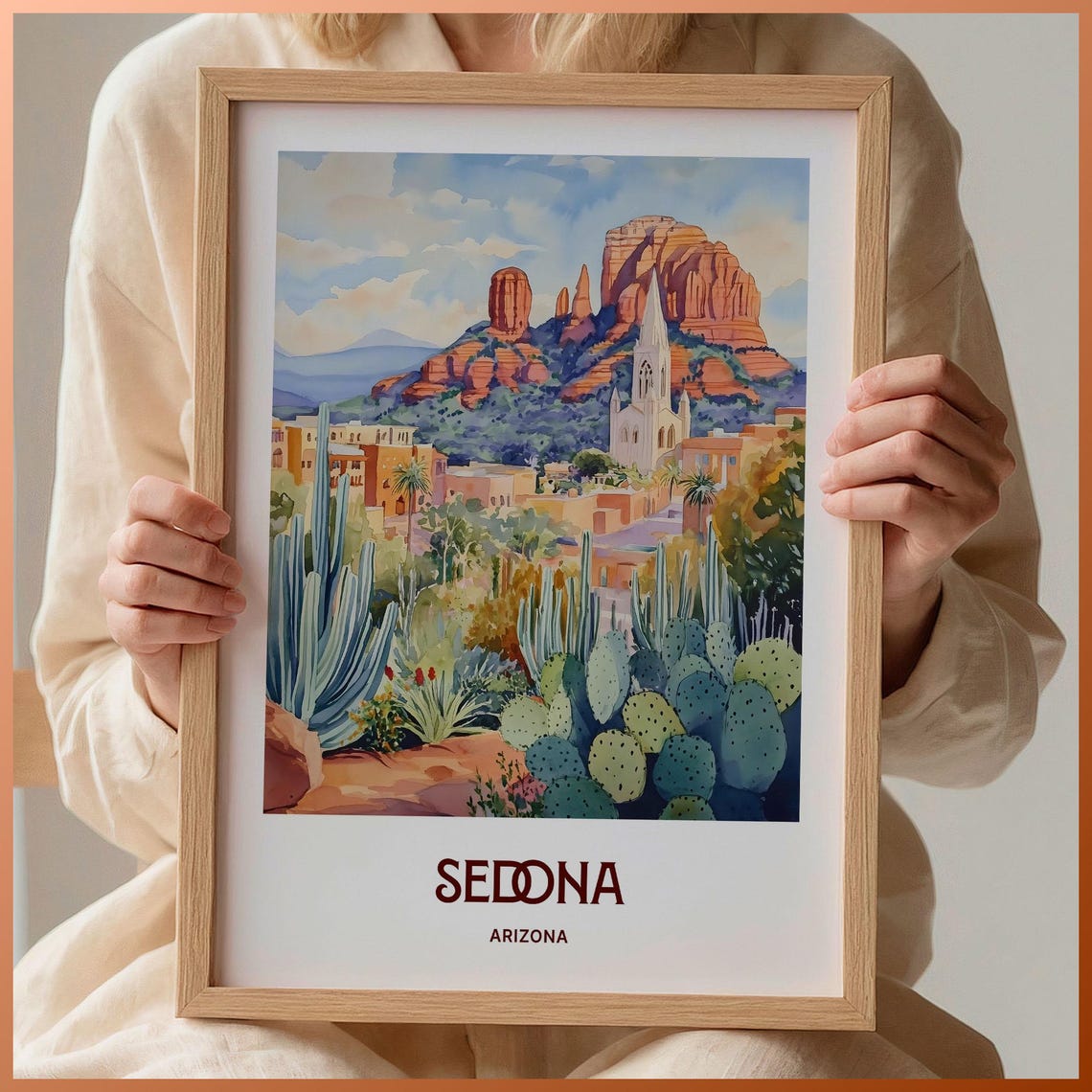Sedona Arizona Red Rock Chapel Watercolor Poster Desert Cacti