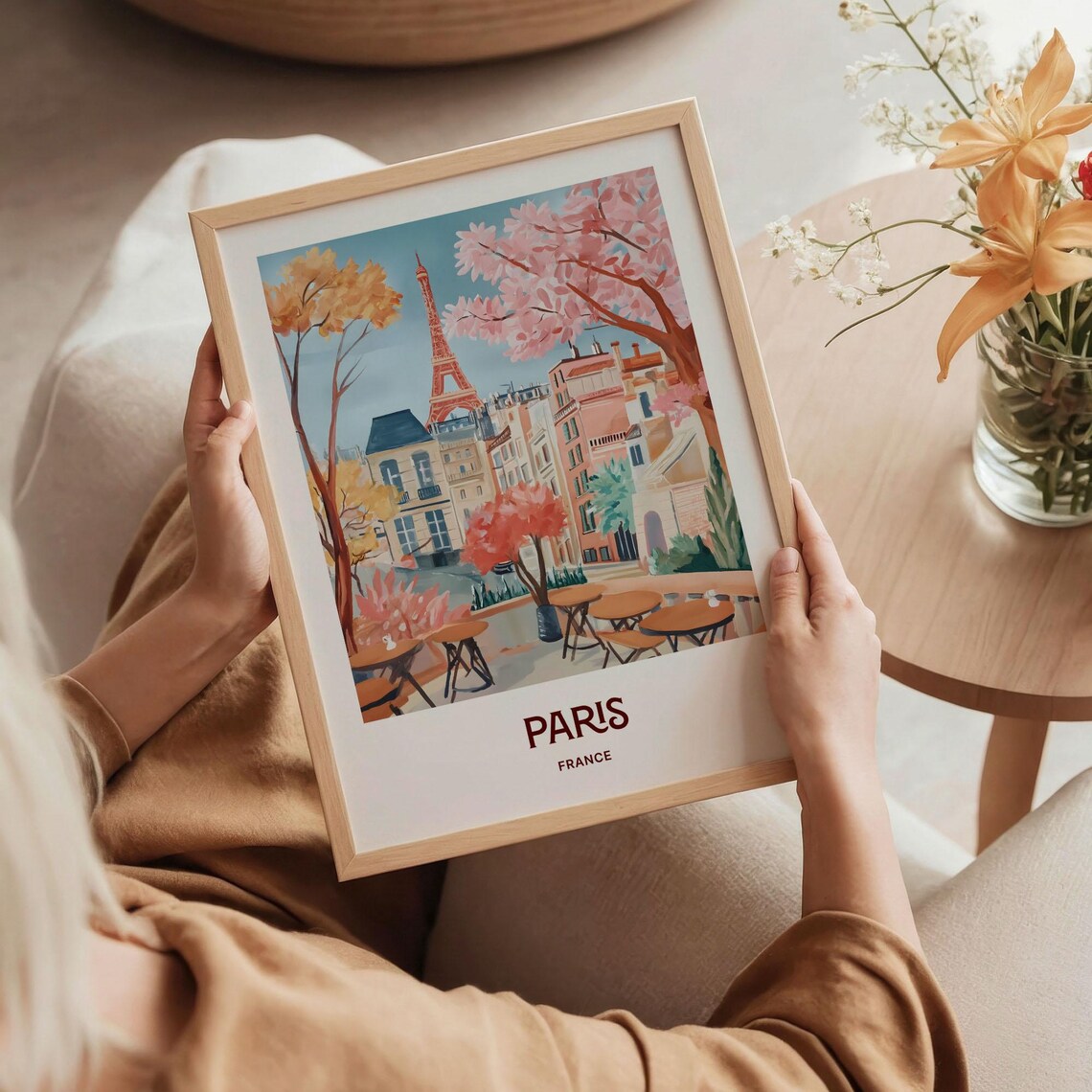 Paris France Eiffel Tower Cafe Terrace Cherry Blossom Poster - Image 5