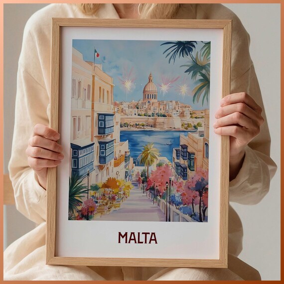 Malta Grand Harbor Fireworks Festival Watercolor Travel Poster