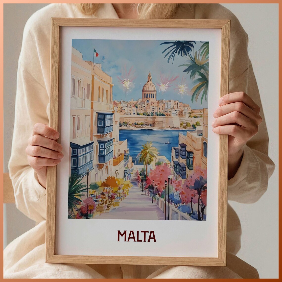 Malta Grand Harbor Fireworks Festival Watercolor Travel Poster