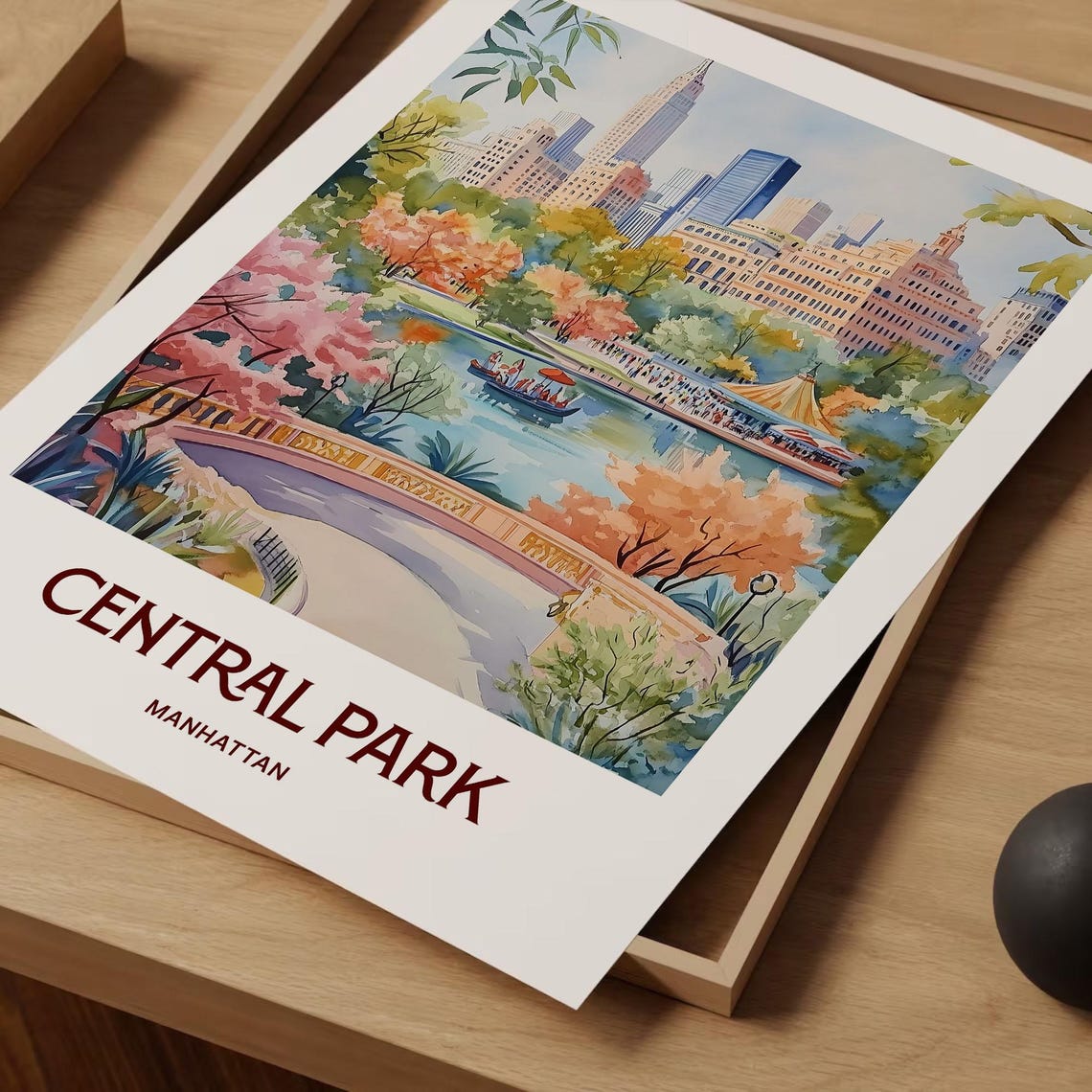 Central Park Manhattan Autumn Watercolor Poster Skyline Lake View - Image 2