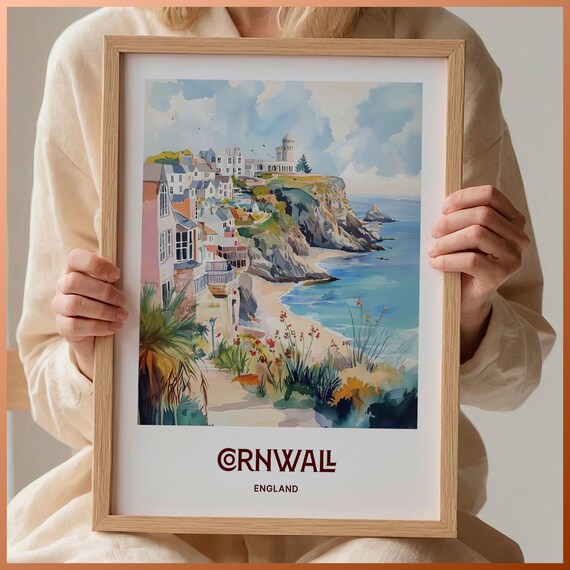 Cornwall England Cliffside Fishing Village Sandy Beach Poster