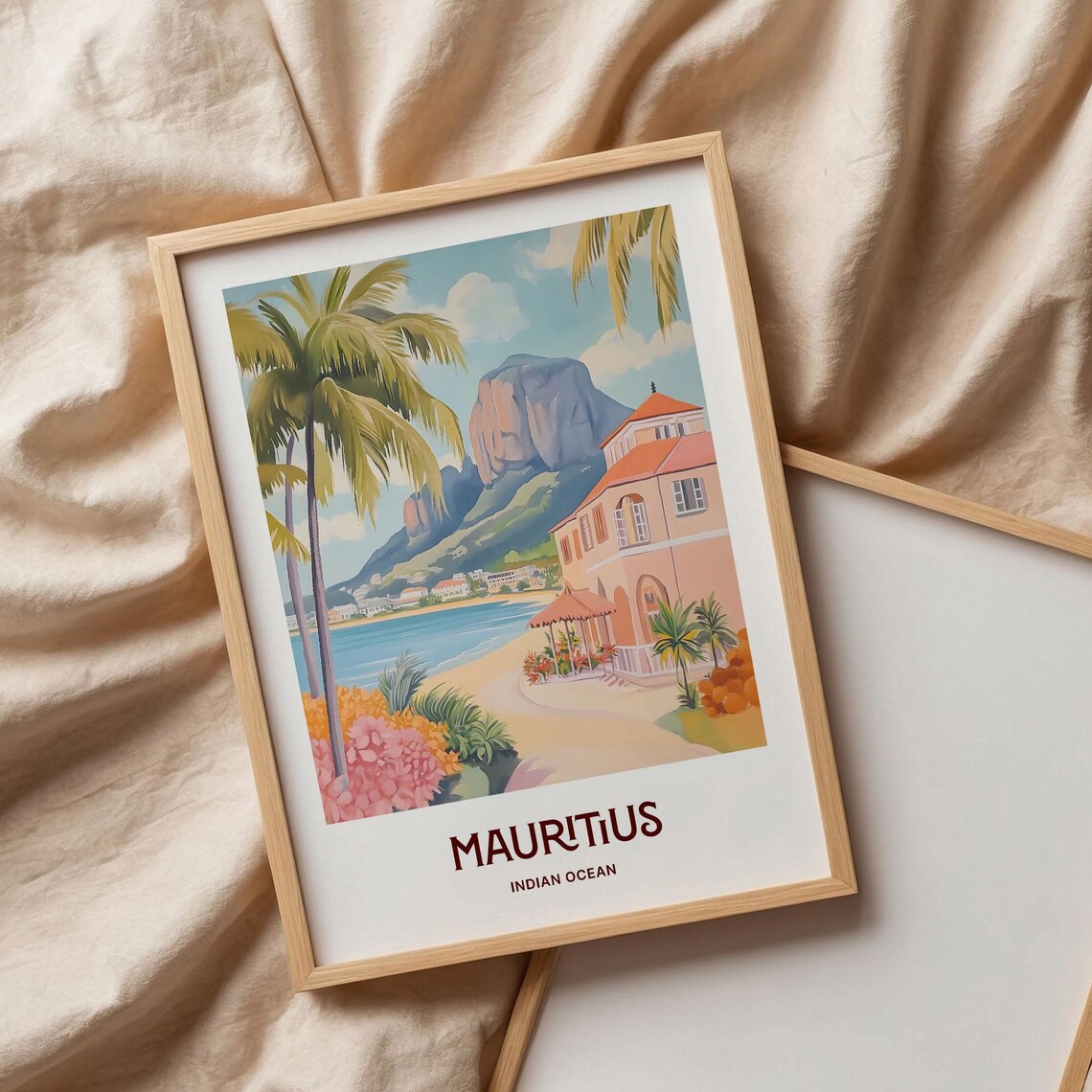 Mauritius Indian Ocean Palm Beach Villa Watercolor Travel Poster - Image 3