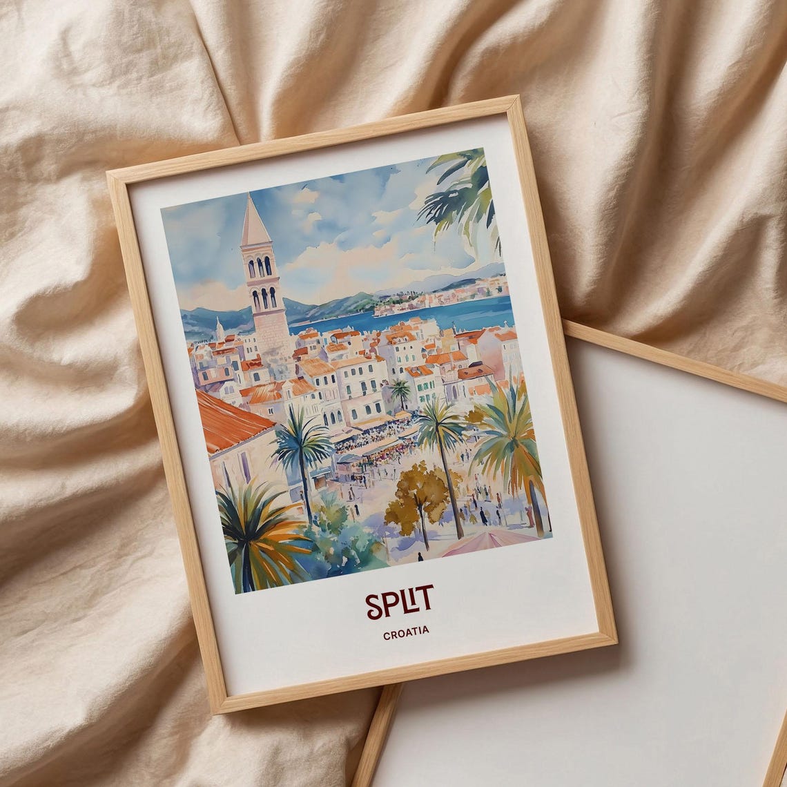 Split Croatia Bell Tower Riva Palm Promenade Watercolor Poster - Image 3