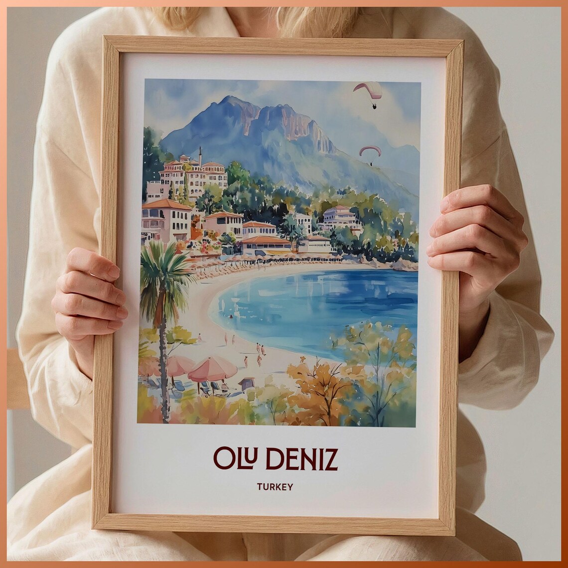 Olu Deniz Turkey Blue Lagoon Beach Watercolor Travel Poster Gift