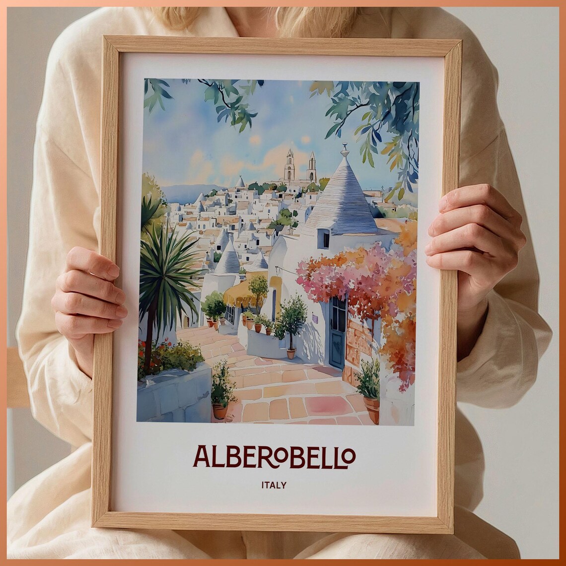 Alberobello Italy Trulli Stone Houses Watercolor Travel Poster