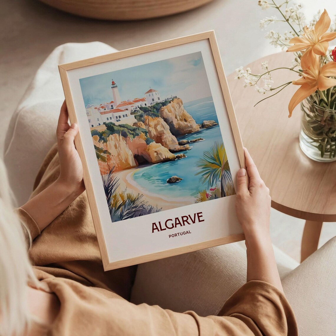 Algarve Portugal Lighthouse Golden Cliff Coast Watercolor Poster - Image 5