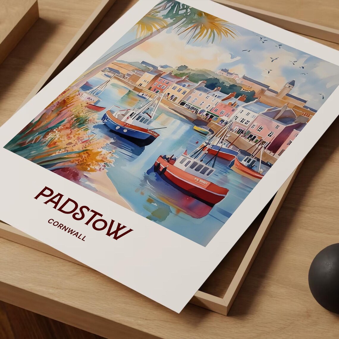 Padstow Cornwall Fishing Boats Harbor Watercolor Travel Poster - Image 2