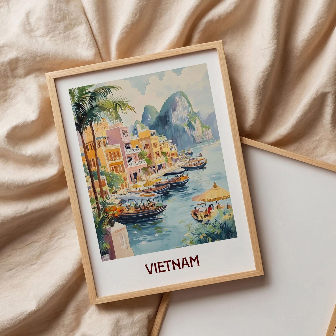 Vietnam Limestone Karst Bay Boats Watercolor Travel Poster Harbor - Image 3