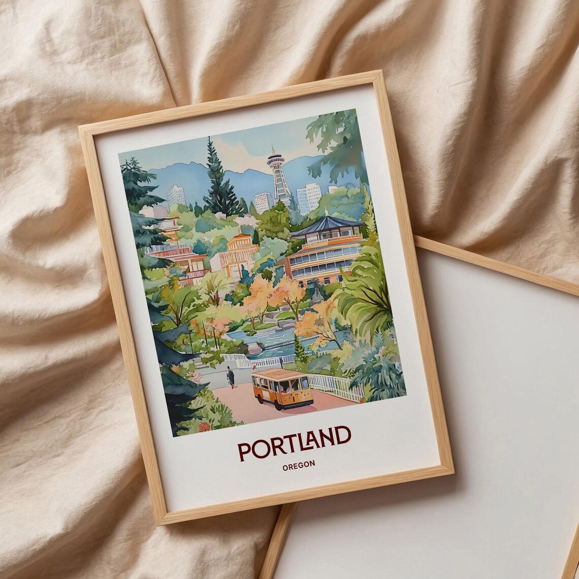 Portland Oregon Gardens Trolley Skyline Watercolor City Art Poster - Image 3