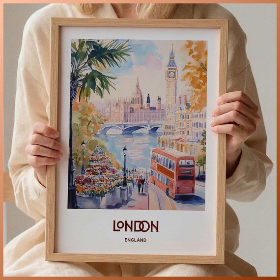 London England Big Ben Westminster Red Bus River Watercolor Travel Poster