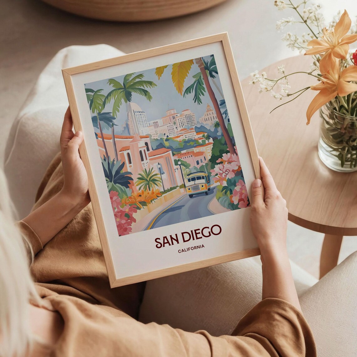 San Diego California Palm Lined Street Skyline Watercolor Travel Poster - Image 5