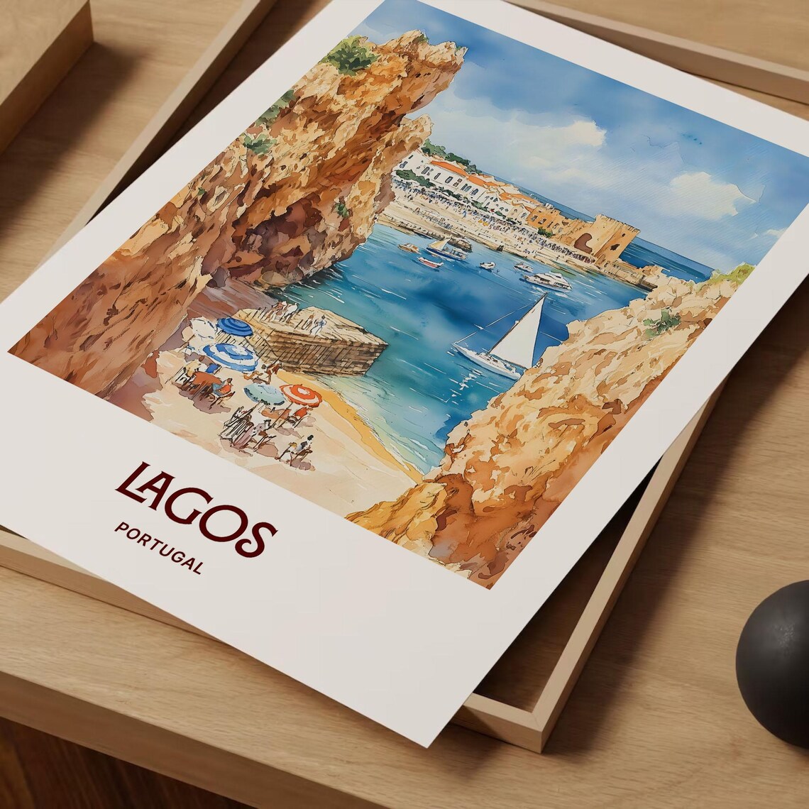 Lagos Portugal Golden Cliffs Sea Arch Boats Watercolor Travel Poster - Image 2